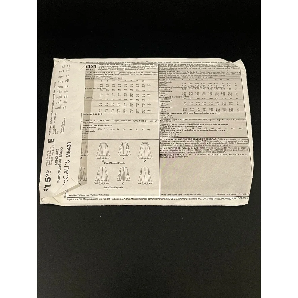 00219‎ - McCall's M5431 Skirts Sewing Misses A5 (6-8-10-12-14) Easy 2 Lengths